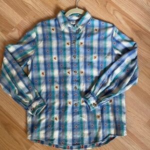 Woman’s Blue and White Plaid Button Down with Embroidered Leaves